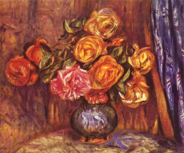 Roses Before the Blue Curtain - Pierre-Auguste Renoir painting on canvas
